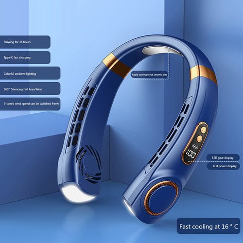 Wander & Wake BreezeBand Pro 5-speed rechargeable wearable neck fan with LED lights
