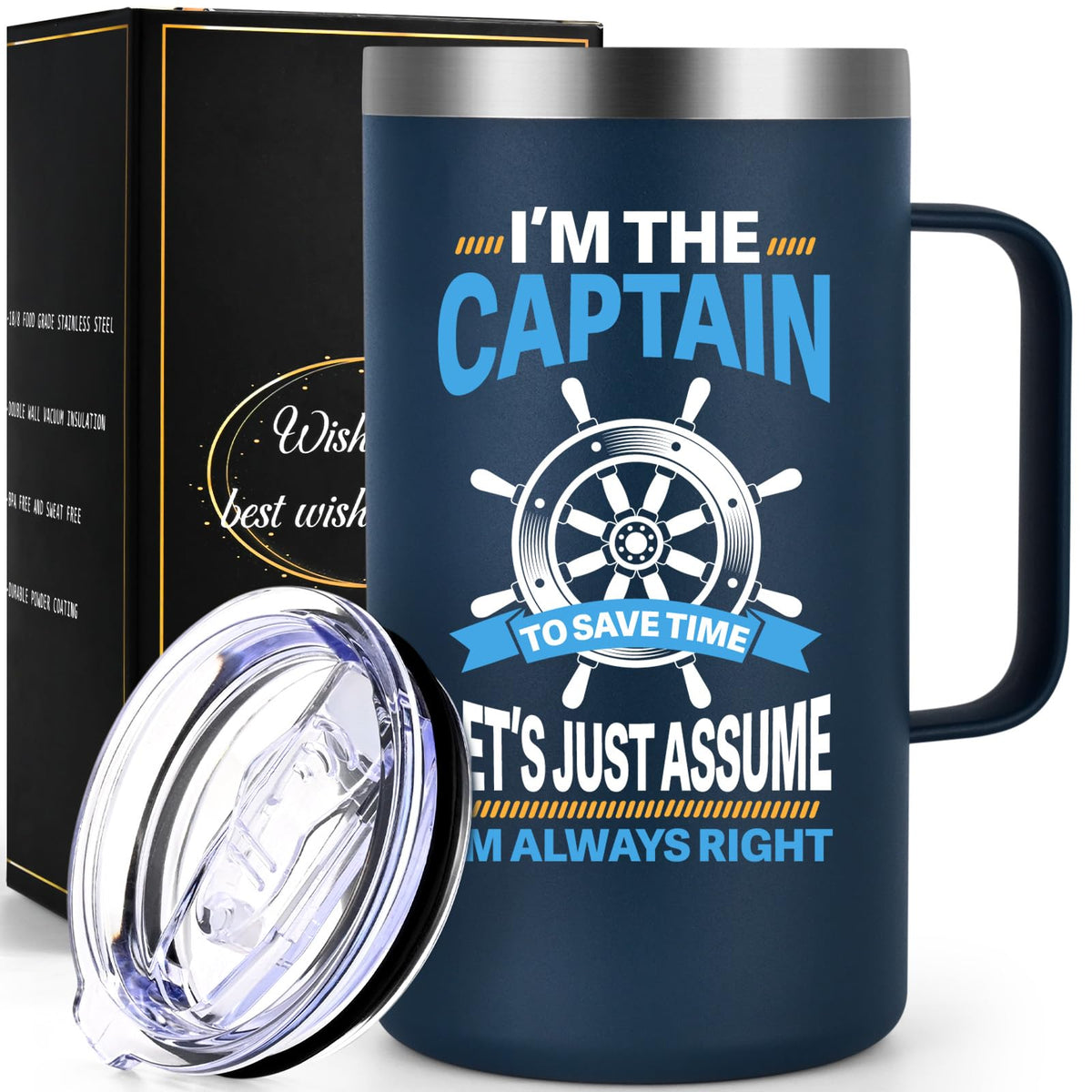 Wander & Wake™ Captain's 20oz Insulated Travel Mug | Stainless Steel Boating Coffee Tumbler with Handle - Wander & Wake