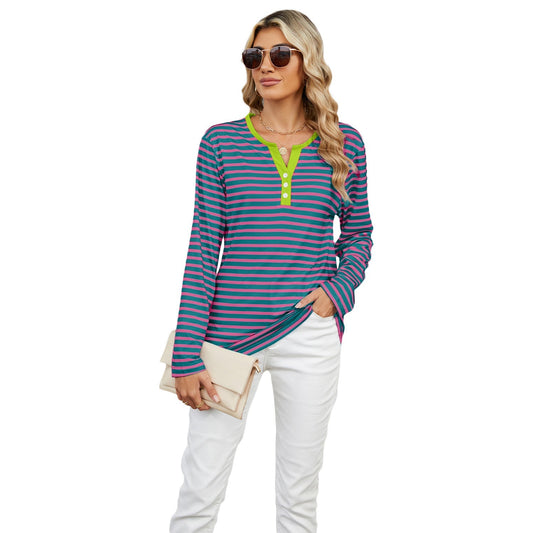 Women's V-neck Striped Loose Long-sleeved T-shirt Top - Wander & Wake