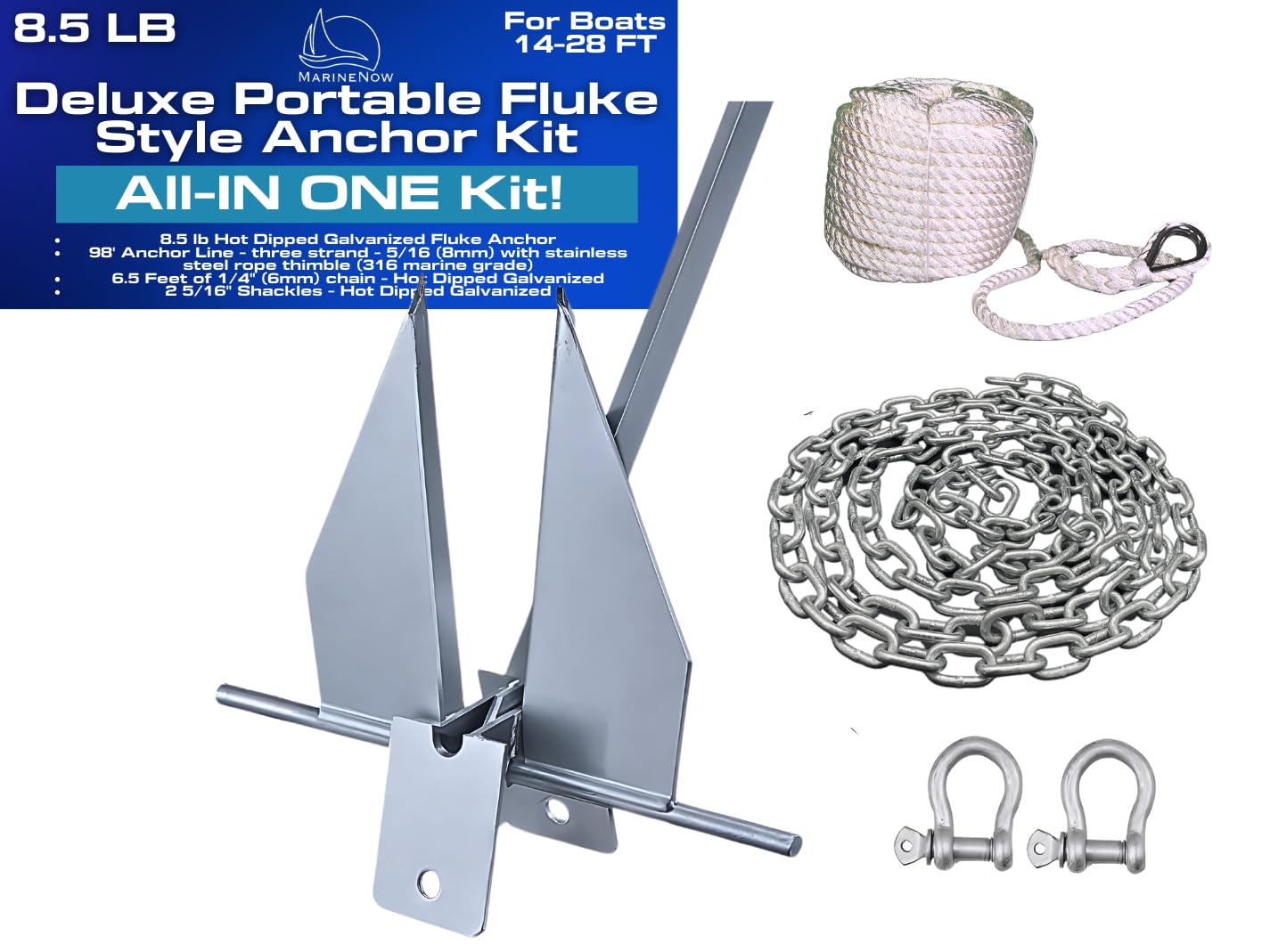 Wander & Wake™ Galvanized Fluke Boat Anchor Kit | Anchor, Chain & 98' Rope