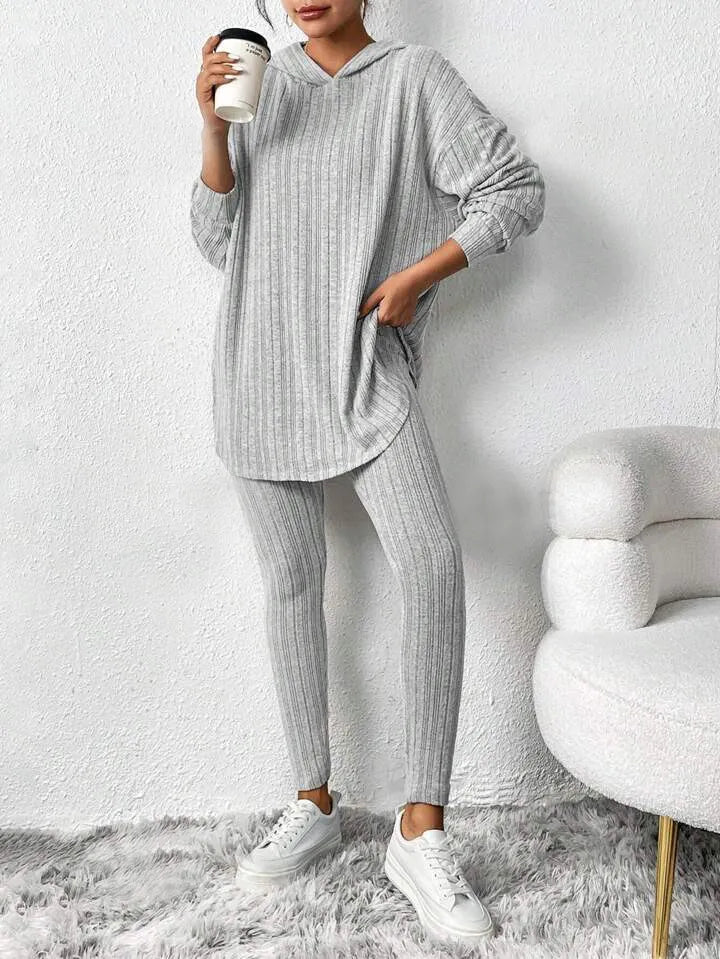 Autumn Solid Stripe Loose Hoodie Set