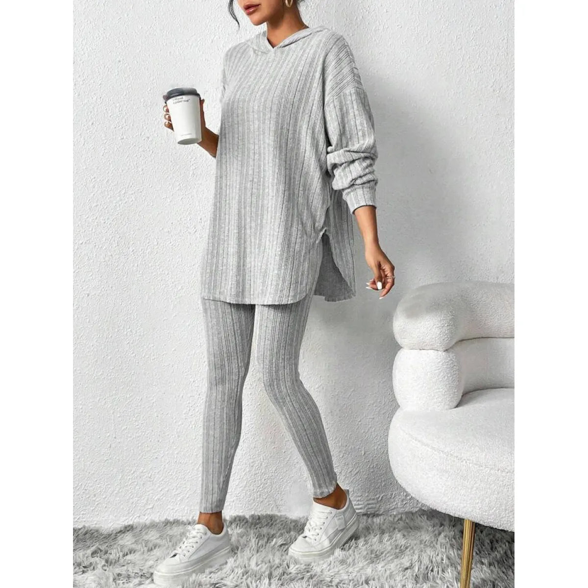 Autumn Solid Stripe Loose Hoodie Set