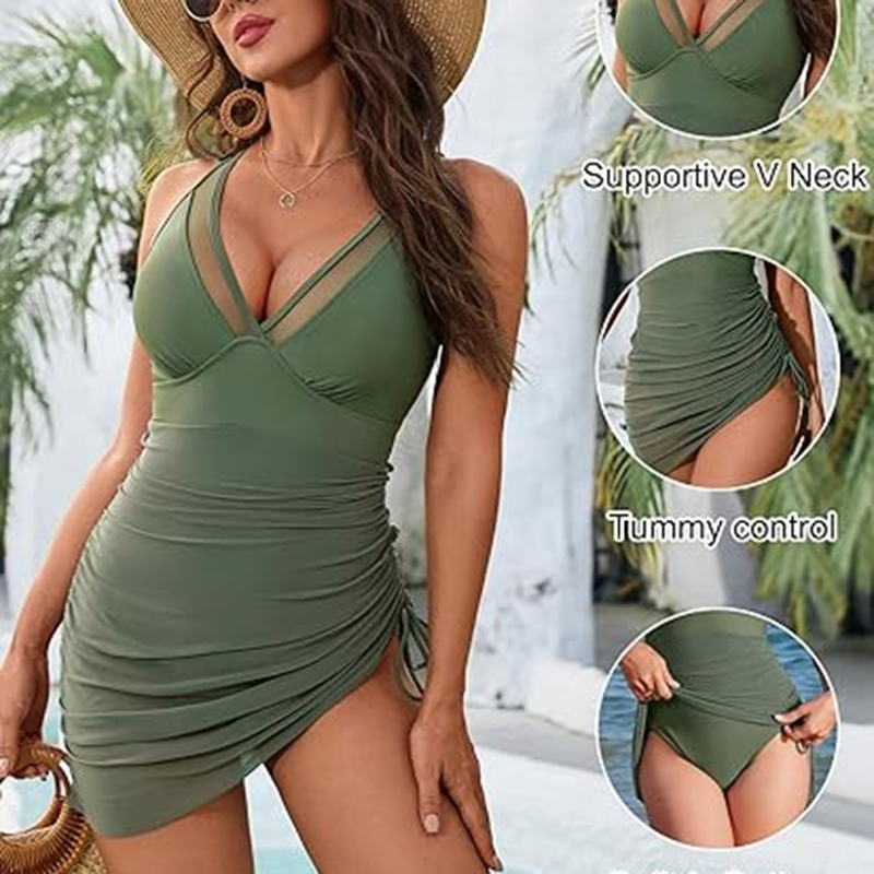 Women's Tummy Control One-Piece Swim Dress with Mesh Sarong Wrap
