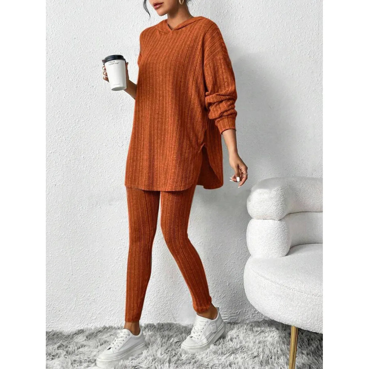 Autumn Solid Stripe Loose Hoodie Set