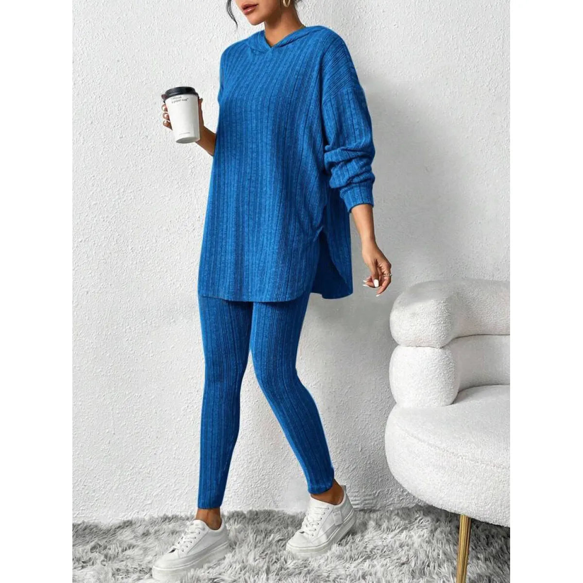 Autumn Solid Stripe Loose Hoodie Set
