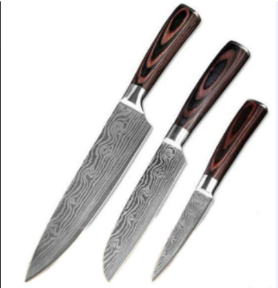 Wander & Wake™ Damascus-Style Kitchen Knife Set | 7Cr Stainless Steel Chef Knives for Home, RV & Camp Cooking