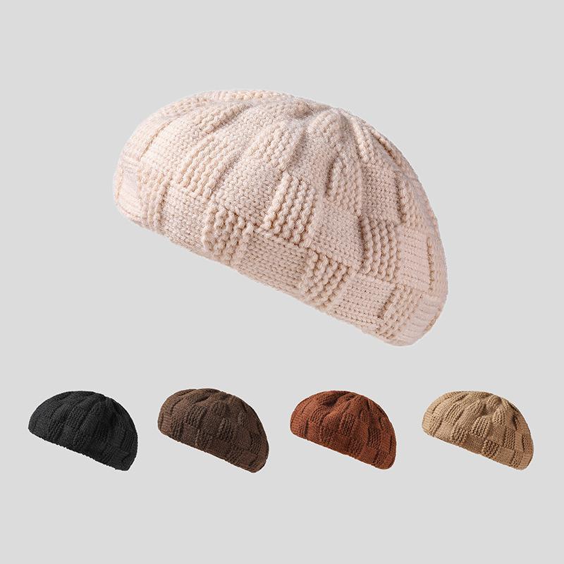 Autumn Simple Knit Plaid Beret