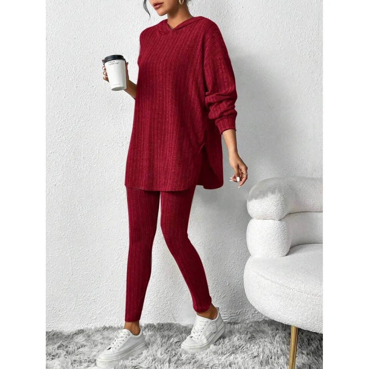 Autumn Solid Stripe Loose Hoodie Set