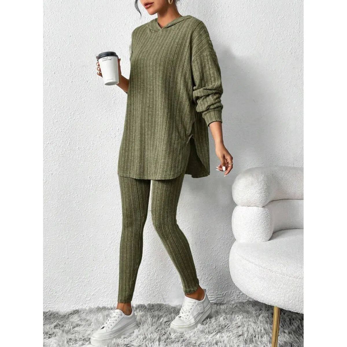 Autumn Solid Stripe Loose Hoodie Set
