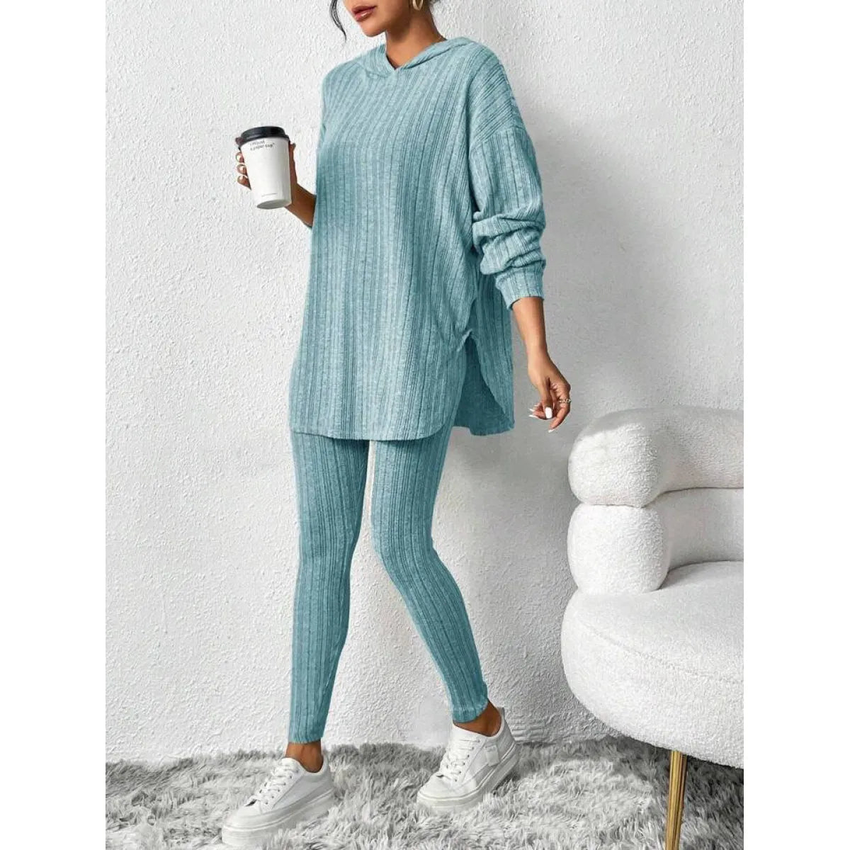 Autumn Solid Stripe Loose Hoodie Set