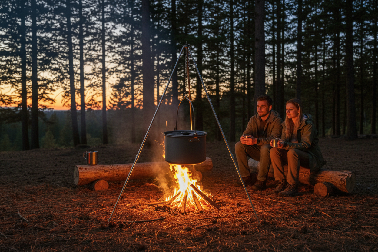 Wander & Wake™ Portable Camping Fire Pit Tripod | Adjustable Outdoor Cooking Stand - Wander & Wake