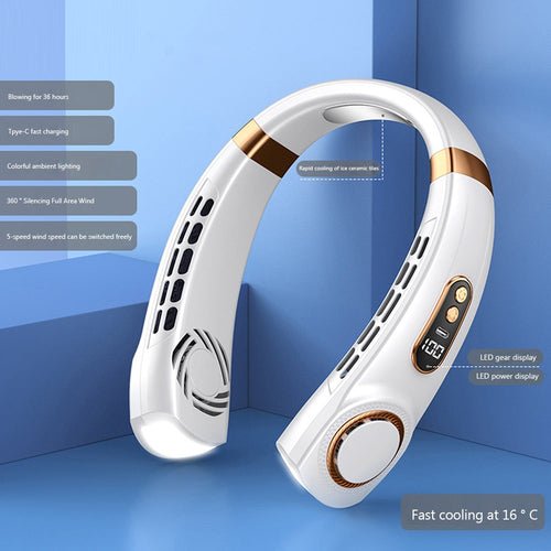 Wander & Wake BreezeBand Pro 5-speed rechargeable wearable neck fan with LED lights