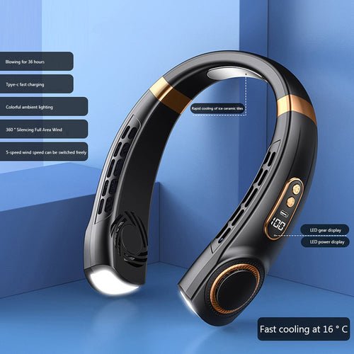 Wander & Wake BreezeBand Pro 5-speed rechargeable wearable neck fan with LED lights