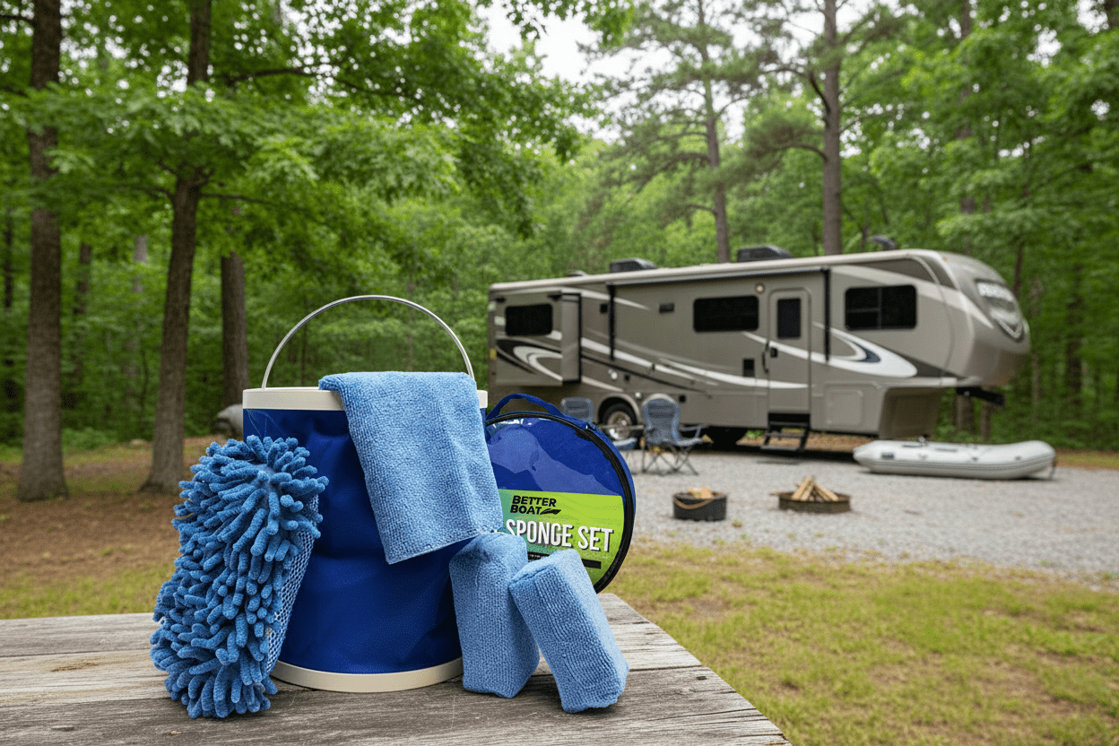 Wander & Wake™ 6-Piece Boat & RV Wash Kit | Collapsible Bucket, Microfiber Sponges & Cleaning Towels - Wander & Wake