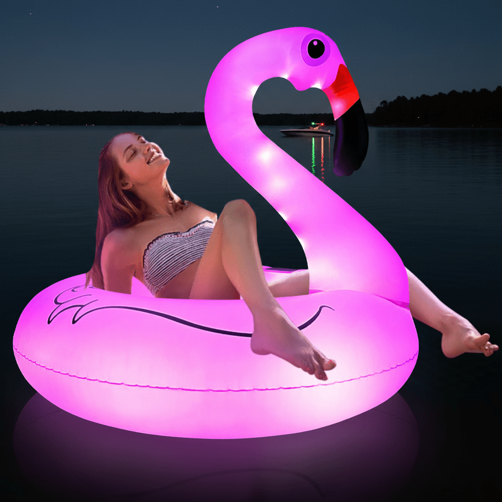 Wander & Wake™ Solar LED Flamingo Pool Float | Inflatable Light-Up Swim Ring - Wander & Wake