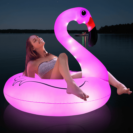 Wander & Wake™ Solar LED Flamingo Pool Float | Inflatable Light-Up Swim Ring - Wander & Wake